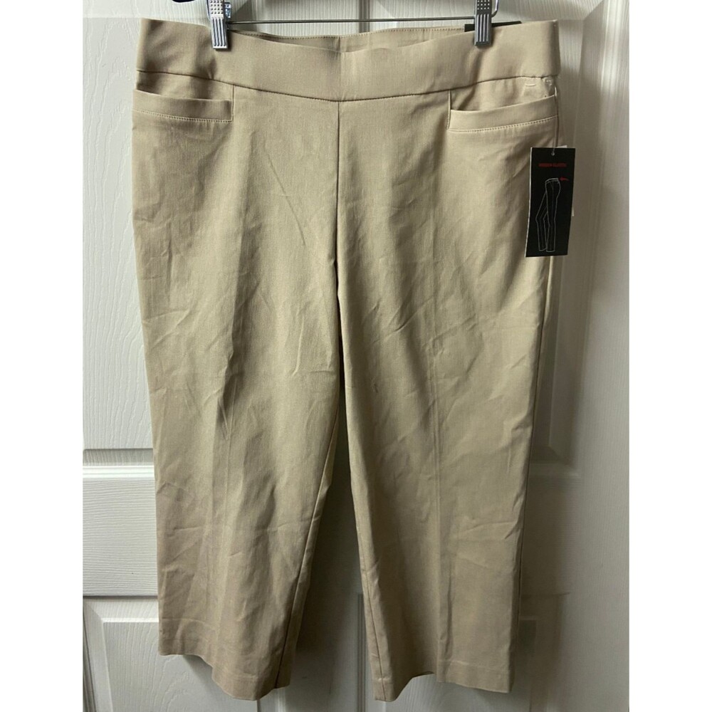 Briggs Pull On Pants Womens 14 Khaki Tan Cropped Wide Leg Stretch NWT